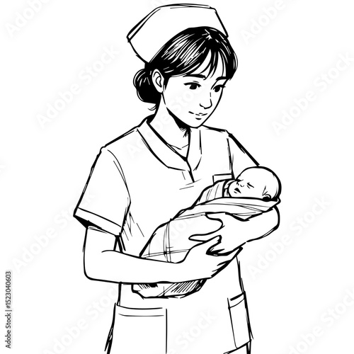 Nurse holding newborn baby gently.  Nurse cradles infant in her arms, providing comfort and care.  Image perfect for hospital brochures, pediatric clinics, or medical websites promoting neonatal care.