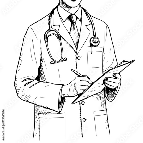Doctor writing medical notes on clipboard. Physician in lab coat with stethoscope checking patient chart. Detailed sketch of doctor's hands writing prescription,