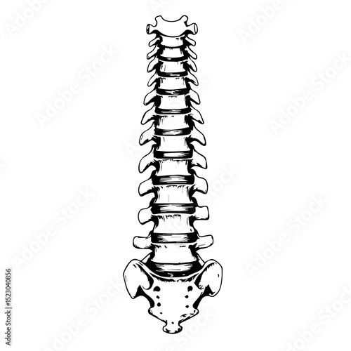 Human spine anatomy drawing. Detailed illustration of lumbar, thoracic, and cervical vertebrae.  This anatomical sketch is perfect for medical textbooks, educational materials,