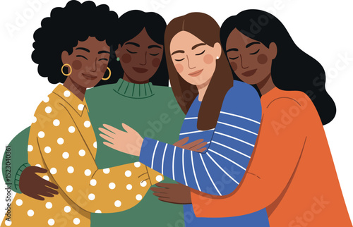 Group of diverse women embracing in supportive hug vector illustration for friendship and unity 