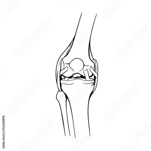 Human knee joint anatomical illustration. Detailed drawing shows bones, ligaments, and cartilage. This precise medical image is perfect for educational materials, presentations,