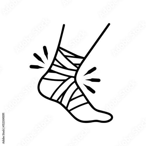 Injured ankle wrapped in bandage. Foot injury illustration showing ankle sprain or fracture.  Medical image perfect for brochures, educational materials, or patient information for trauma care,