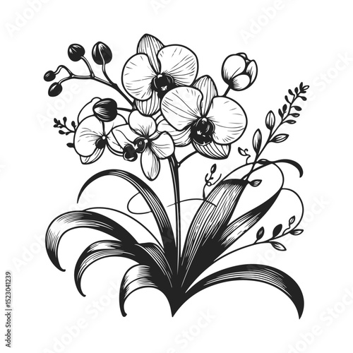 Elegant black line art illustration of a Orchid, isolated on white background – with a poetic and delicate emotion
