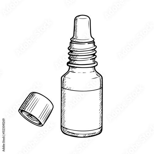 Eye drops bottle sketch. Medical bottle with dropper cap, perfect for packaging design. Clear glass bottle illustration for ophthalmology and eye care products.