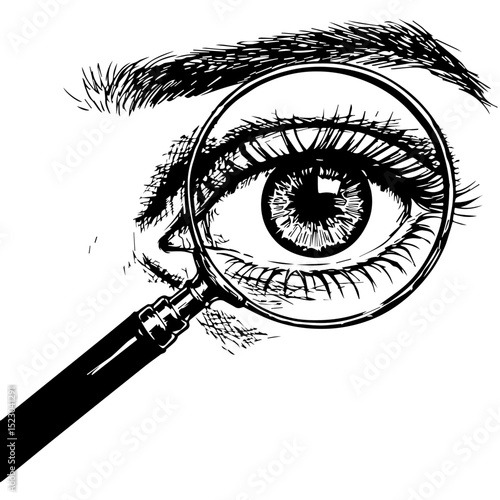 Close-up eye examination with magnifying glass. Detailed drawing of female eye, iris, and eyelashes viewed through magnifying glass.  Image ideal for ophthalmology brochures, medical publications,