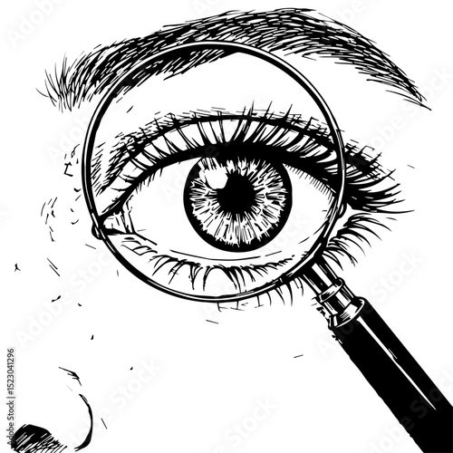 Detailed eye examination with magnifying glass. Closeup illustration of human eye under a magnifying glass, showcasing iris details and eyelashes.