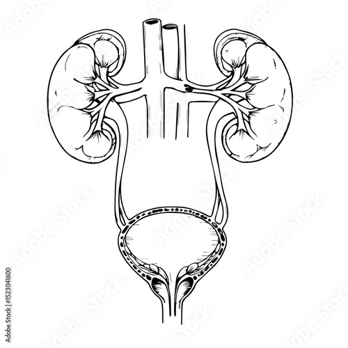Detailed human kidneys and bladder anatomical drawing.  Kidneys and urinary system illustration shows detailed structure of organs.