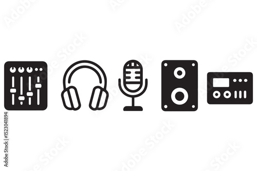 sound production icons including audio mixing desk, headphones, microphone, speakers, and sound equipment, music production icon set