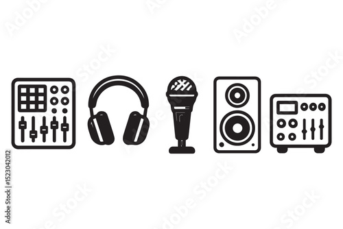 music production equipment icons featuring audio mixer, headphones, microphone, speakers, and sound system, vector style icon set