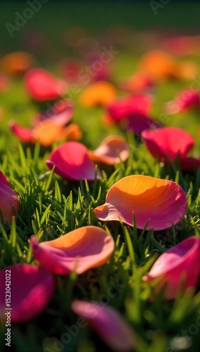 Close-up of vibrant, fallen flower petals scattered on lush green grass, sunlight illuminating delicate textures Perfect for spring, nature, and floral themes , detail, color