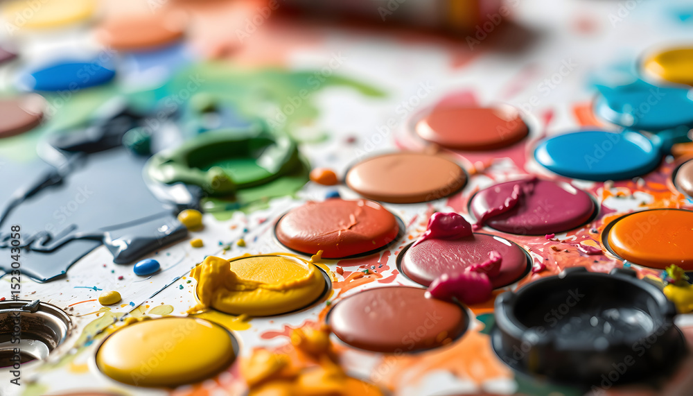Fototapeta premium Vibrant closeup of an artist's paint palette with swirling colorful blends in the background, detailed. White tone