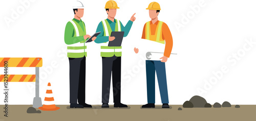 Construction workers discussing project plans on site with safety gear and equipment vector illustration 