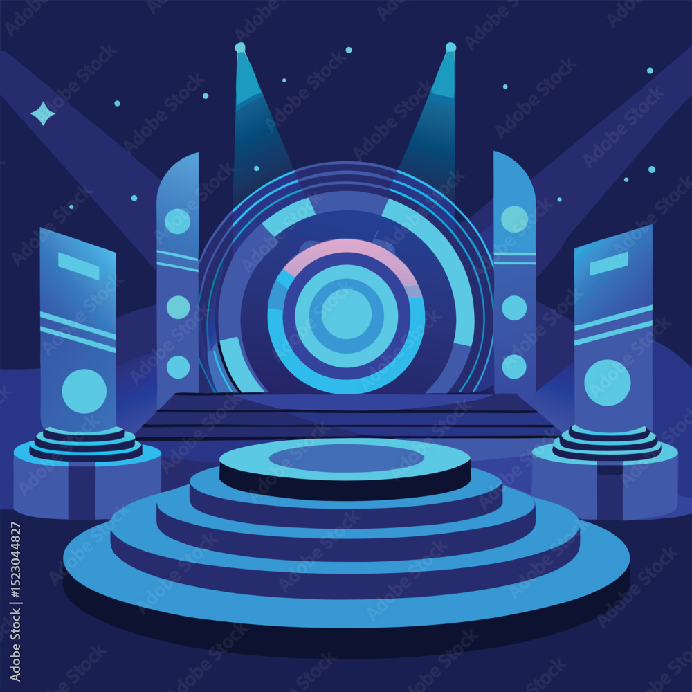 Fototapeta premium Futuristic stage design with lighting and a central circular element in a dark blue space