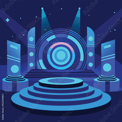 Futuristic stage design with lighting and a central circular element in a dark blue space