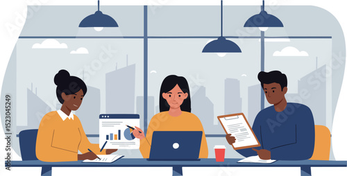 Diverse group of coworkers collaborating at office table with laptop and documents teamwork 