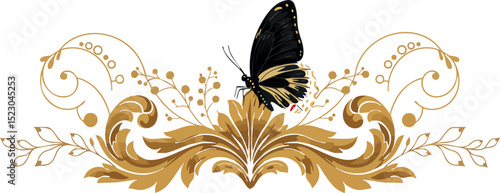 Decorative golden floral ornament with black butterfly vector illustration for design and decoration 