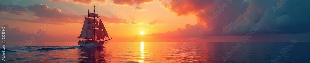 Fototapeta premium A majestic sailing ship glides gracefully across a calm ocean under a vibrant sunset, its sails billowing in the gentle breeze, a breathtaking scene of nautical beauty , sun, maritime