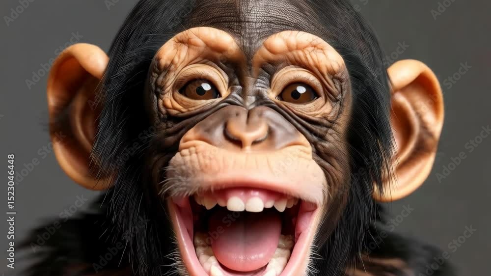 Animated Chimpanzee Head Smiling Widely on Gray Background, Showing Teeth and Tongue Animated Chimpanzee Head Smiling Widely on Gray Background, Showing Teeth and Tongue