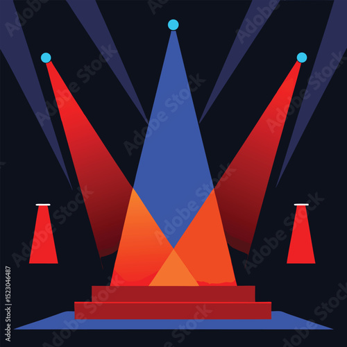 Illuminated stage with colorful spotlights and abstract theatrical presentation design