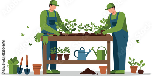 Gardeners Growing Plants Caring for Greenery in Outdoor Garden Vector Illustration 