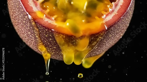 Close-up of a passion fruit split open, with vibrant yellow pulp oozing out against a dark background