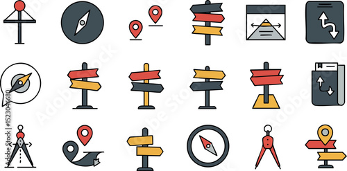 Directional arrows and compass navigation vector icons set in flat style 