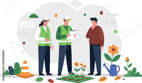 Environmental workers discussing gardening and planting techniques with watering can and flowers vector illustration 