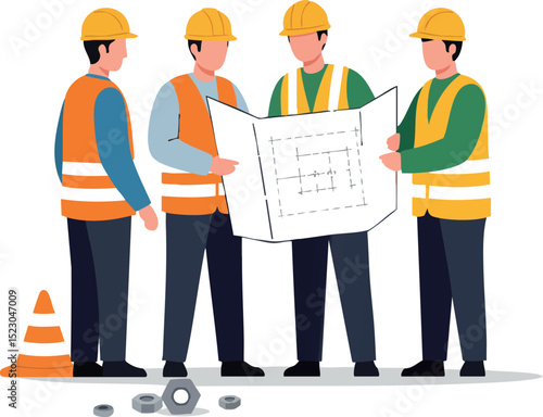 Construction workers examining blueprint on site with safety helmets and vests vector illustration 