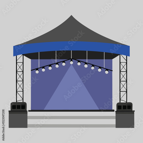 Illustrated vector graphic of a music concert stage with lights and sound equipment