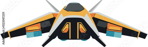 Futuristic space fighter jet vector illustration in orange and black colors with symmetrical design 