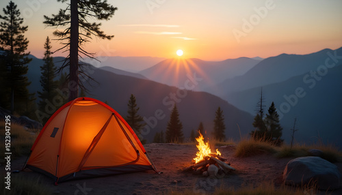 Fototapeta Naklejka Na Ścianę i Meble -  Camping tent by a campfire with a sunset view in the mountains