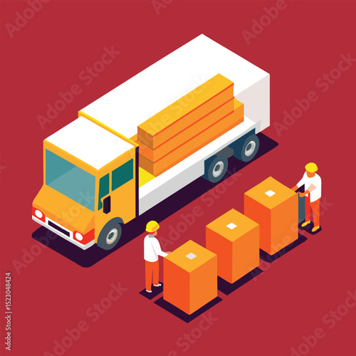 Isometric illustration of a delivery truck loading and unloading wooden boxes with workers