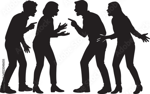 Silhouetted illustration of four people in an argument with raised hands and pointing fingers