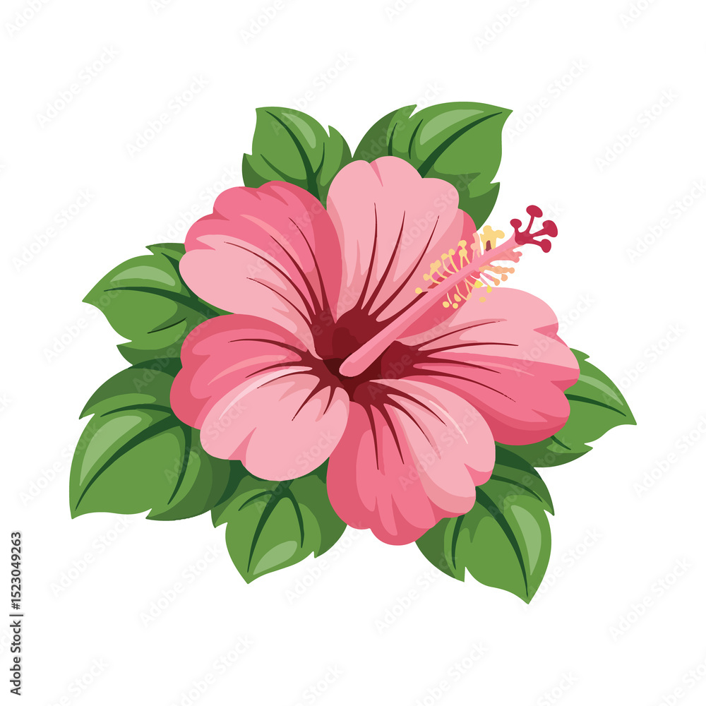 Obraz premium Cartoon Pink Hibiscus Flower Vector with Bright Leaves and Detailed Petals on White Background