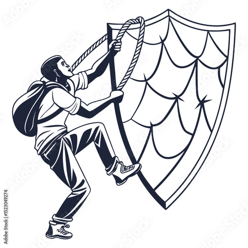 Climber scaling giant webbed shield