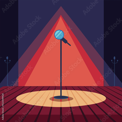 Microphone on stage illuminated by spotlight ready for performance and entertainment