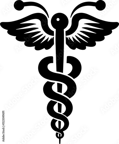 Medical caduceus symbol with wings in black silhouette style  
