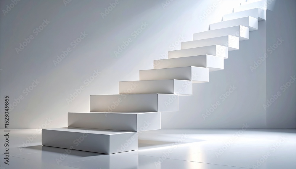 Fototapeta premium Modern White Staircase Ascending Towards Light Minimalist Architecture Design.