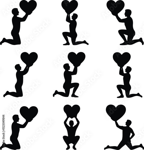 Person Holding Heart Silhouette – Love and Care Icon Set Human Heart Gesture Silhouette – Kindness and Emotion Vector Design