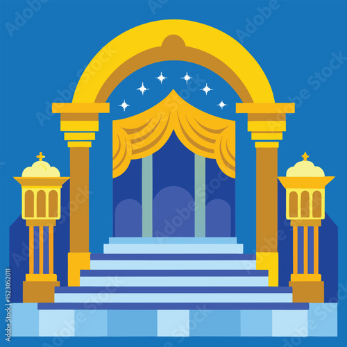 Vector illustration of a royal throne room with golden pillars and blue background
