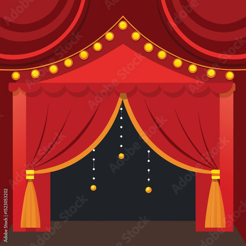 Vibrant stage curtains with decorative lights and ornaments against a dark background