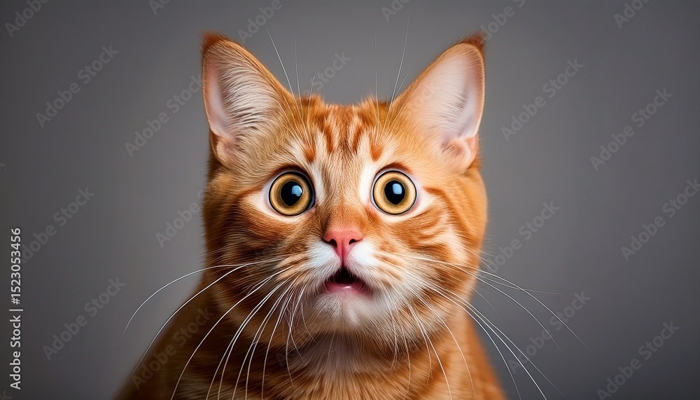 Fototapeta premium a surprised orange cat with wide eyes expressing curiosity and surprise in a close up shot with a neutral background