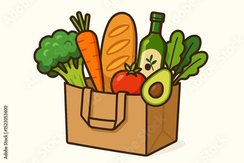Grocery Bag with Fresh Vegetables and Organic Food – Colorful Illustration
