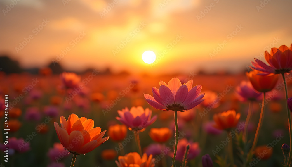 Colorful flowers blooming in a field during sunset with sun casting warm glow Colorful flowers blooming in a field during sunset with sun casting warm glow