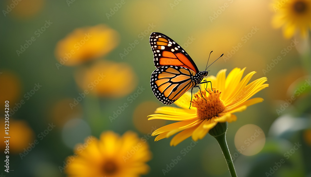 Obraz premium Monarch butterfly with a joyful mood on a yellow flower in a blooming garden copy space 