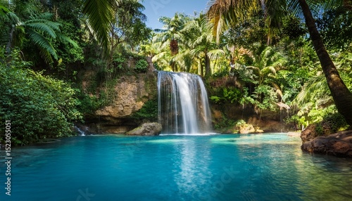serene tropical oasis featuring tranquil waterfall cascading into crystal clear pool surrounded by lush greenery