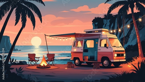 Sunset Beach Camping Van Life Adventure Illustration