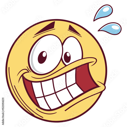 Bright yellow vector emoji of a grinning face with a bead of sweat on its forehead. Can represent nervousness, relief after a close call, or working hard.