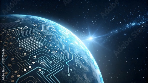 Global Technology Network Earth as a Circuit Board in Space with a Bright Star Representing Connectivity Innovation and the Future of Global Communications