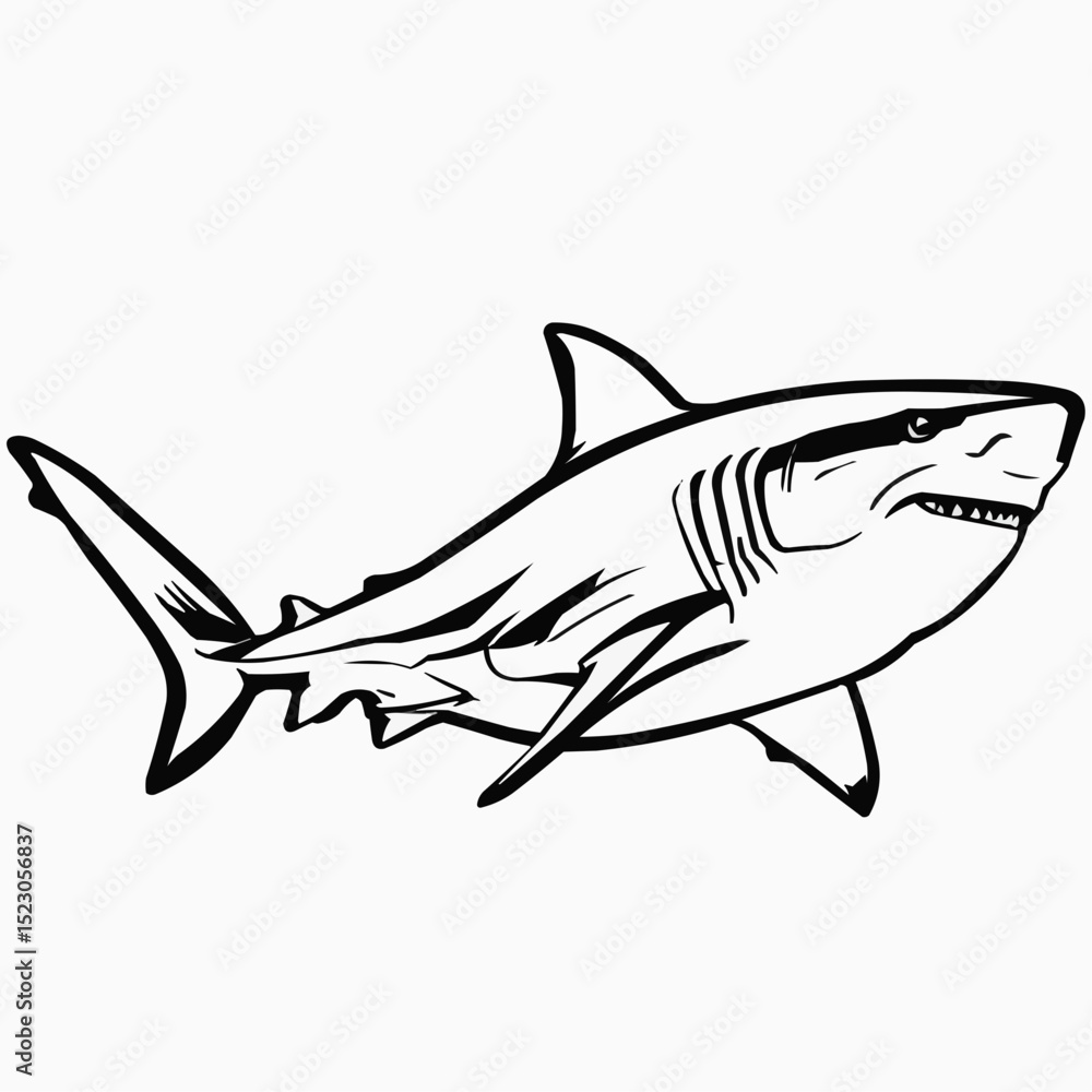 Obraz premium Exploring the majesty of a great white shark gliding through the ocean depths in a black and white monochrome style